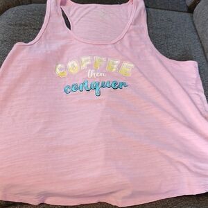 Pink Tank Top with Coffee Then Conquer Print